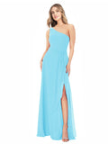 Sky Blue A-Line One Shoulder Sleeveless Long Bridesmaid Dress Doris