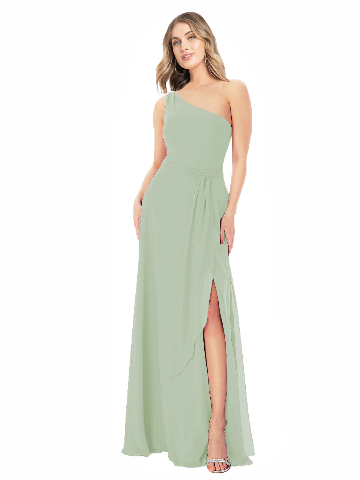 Smoke Green A-Line One Shoulder Sleeveless Long Bridesmaid Dress Doris