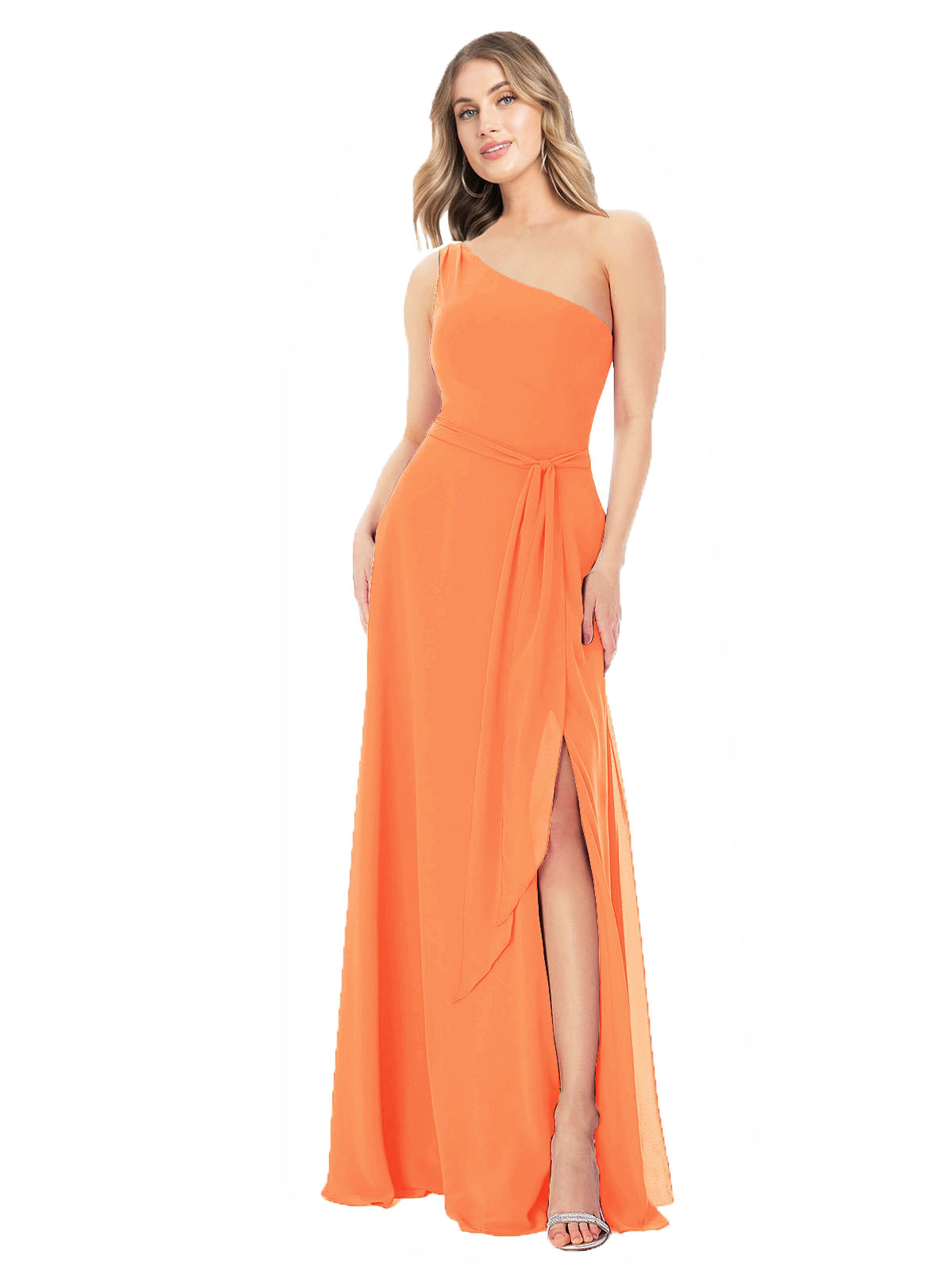 Tangerine Tango A-Line One Shoulder Sleeveless Long Bridesmaid Dress Doris