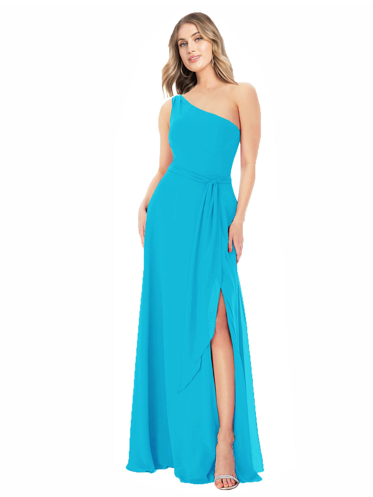 Turquoise A-Line One Shoulder Sleeveless Long Bridesmaid Dress Doris