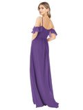 RightBrides Easter Plum Purple A-Line High Neck Off the Shoulder Cold Shoulder Long Bridesmaid Dress