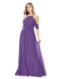 RightBrides Easter Plum Purple A-Line High Neck Off the Shoulder Cold Shoulder Long Bridesmaid Dress