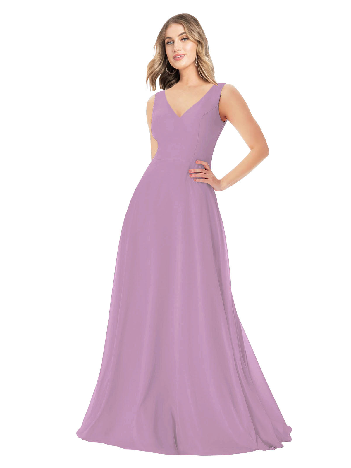 Dark Lavender A-Line V-Neck Sleeveless Long Bridesmaid Dress Evangeline