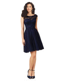 Dark Navy A-Line Bateau Short Tulle Lace Bridesmaid Dress Modesty 