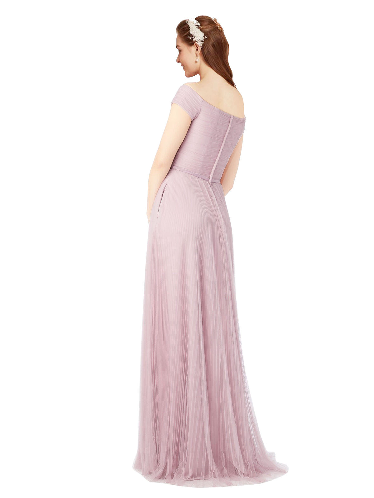 Pink A-Line Off The Shoulder Long Tulle Bridesmaid Dress Muriel 