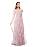 Pink A-Line Off The Shoulder Long Tulle Bridesmaid Dress Muriel 