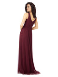 Burgundy Gold A-Line V-Neck Long Tulle Bridesmaid Dress Nydia 