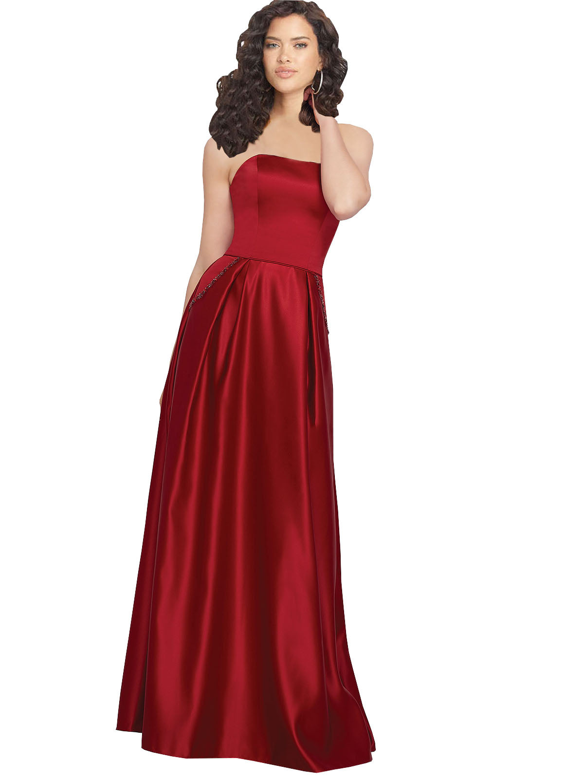 Dark Red A-Line Strapless Long Satin Bridesmaid Dress Quintina