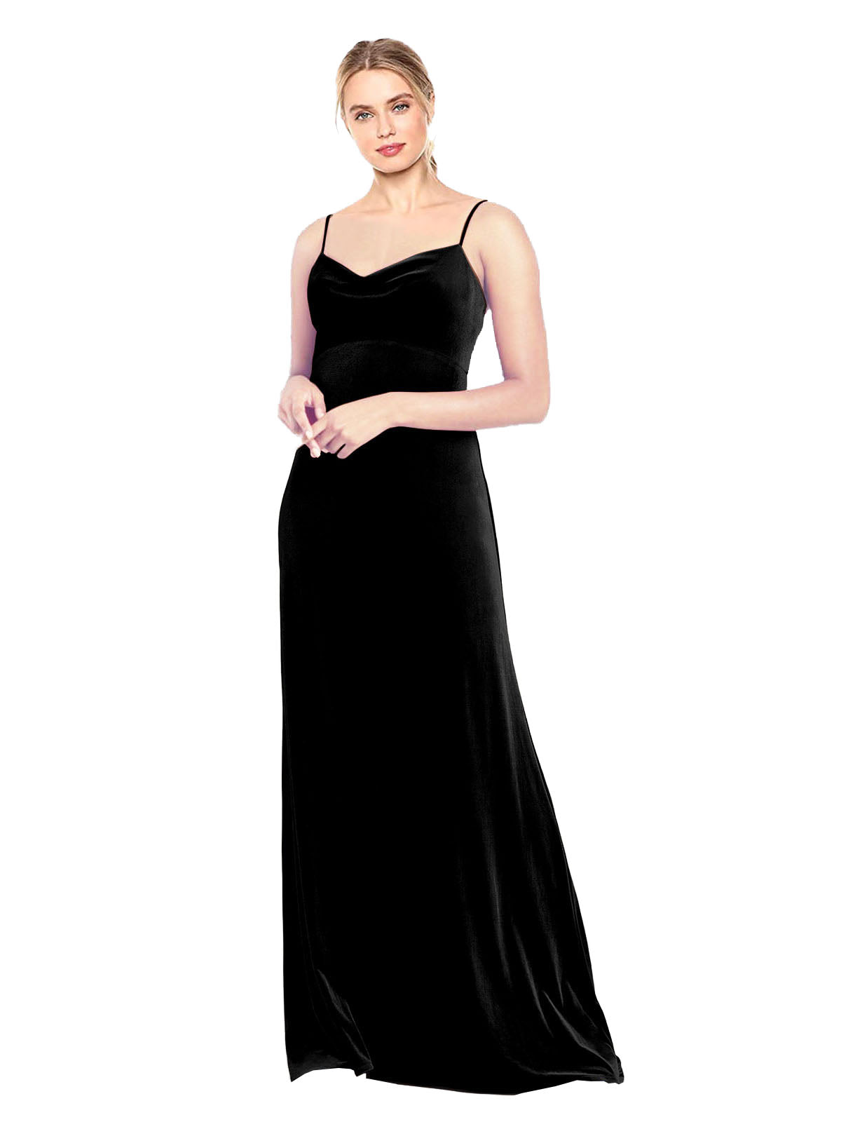 Black A-Line Cowl Neck Long Sleeveless Stretch Velvet Bridesmaid Dress Saliba