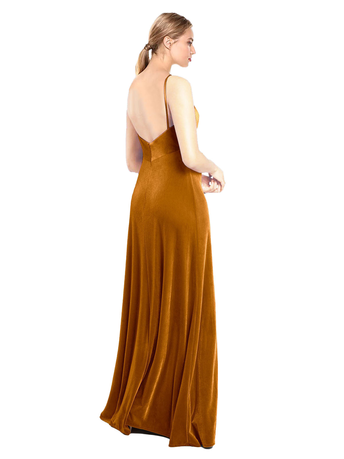 Gold A-Line Cowl Neck Long Sleeveless Stretch Velvet Bridesmaid Dress Saliba