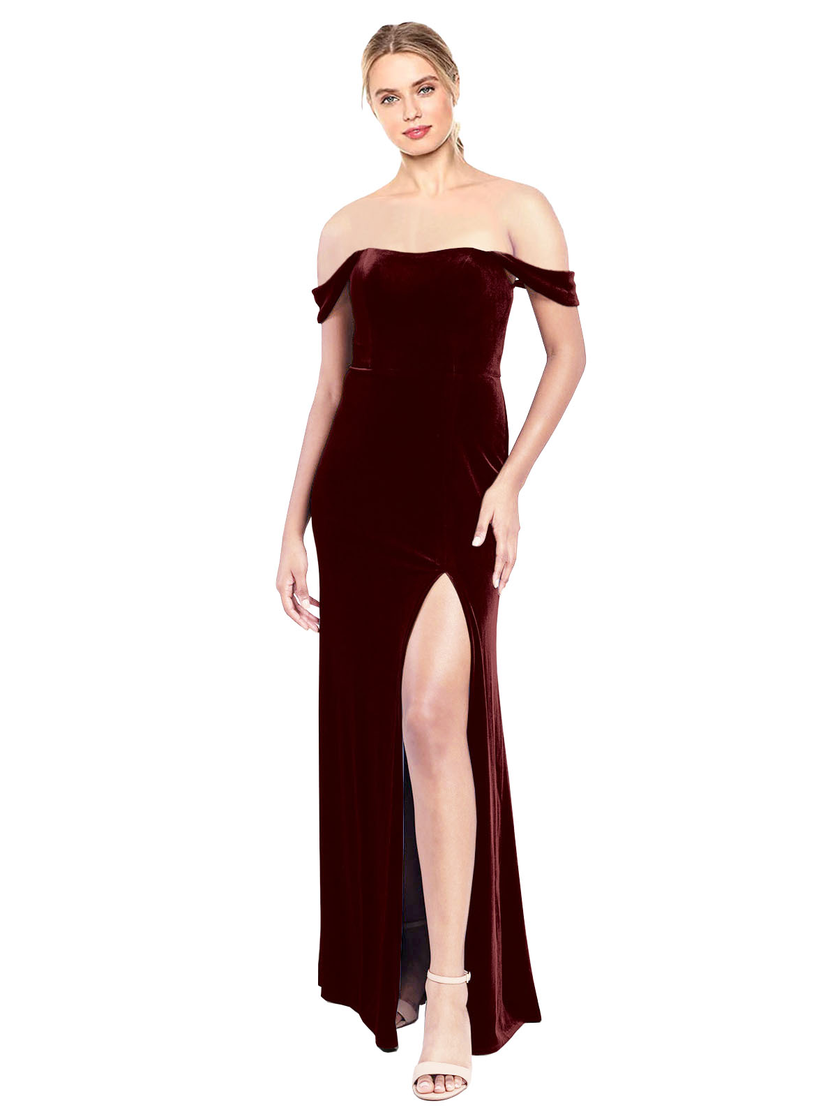 Burgundy A-Line Strapless Off the Shoulder Long Sleeveless Stretch Velvet Bridesmaid Dress Zelaya