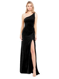 Black A-Line One Shoulder Long Sleeveless Stretch Velvet Bridesmaid Dress Daniel