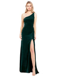 Dark Green A-Line One Shoulder Long Sleeveless Stretch Velvet Bridesmaid Dress Daniel