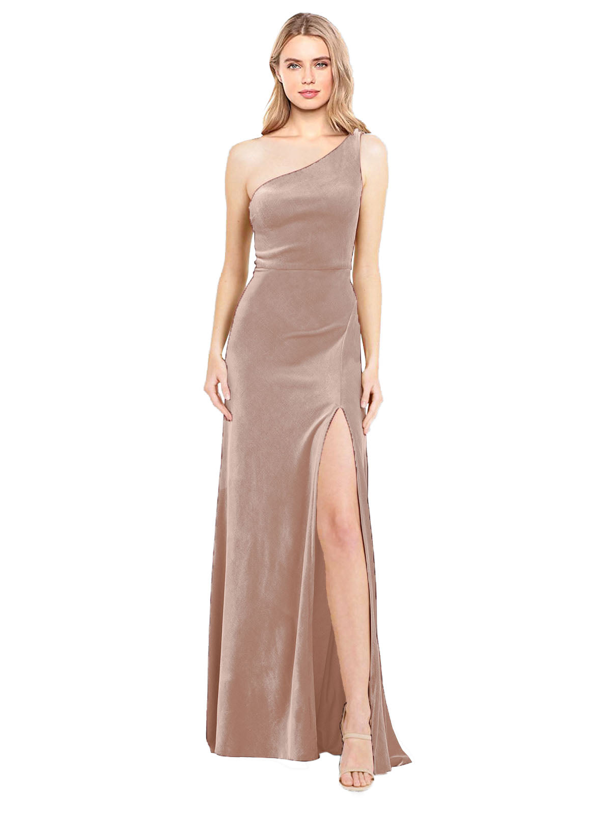 Pink A-Line One Shoulder Long Sleeveless Stretch Velvet Bridesmaid Dress Daniel