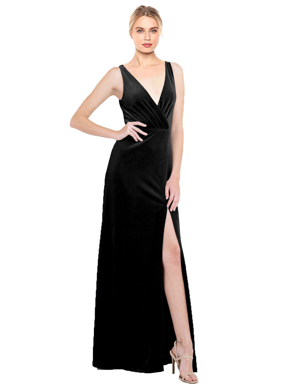 Black A-Line V-Neck Long Sleeveless Stretch Velvet Bridesmaid Dress Scotti