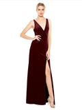 Burgundy A-Line V-Neck Long Sleeveless Stretch Velvet Bridesmaid Dress Scotti