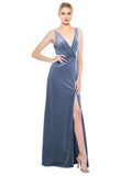 Dusty Blue A-Line V-Neck Long Sleeveless Stretch Velvet Bridesmaid Dress Scotti