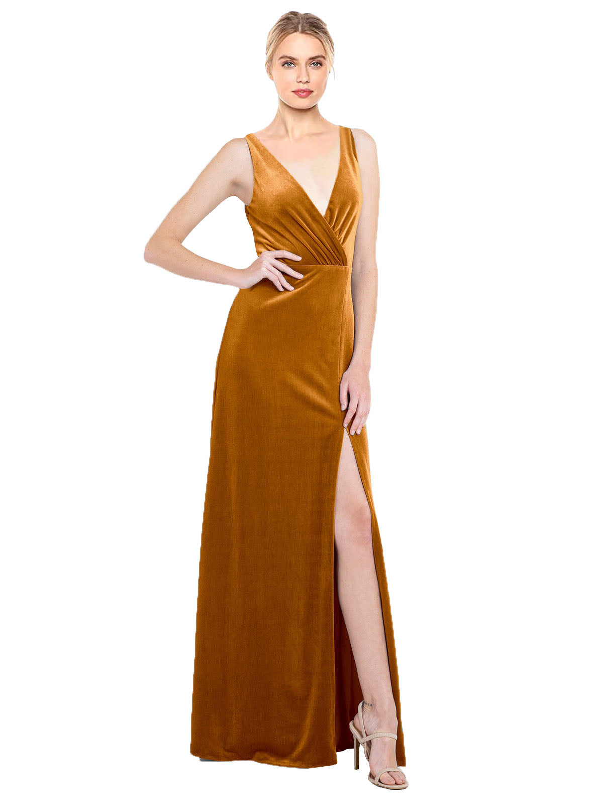 Gold A-Line V-Neck Long Sleeveless Stretch Velvet Bridesmaid Dress Scotti
