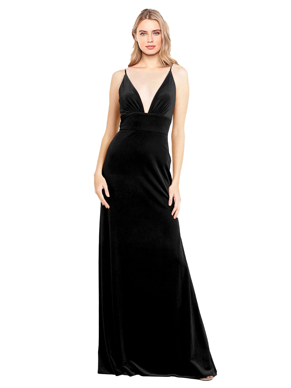 Black A-Line V-Neck Long Sleeveless Stretch Velvet Bridesmaid Dress Sammi