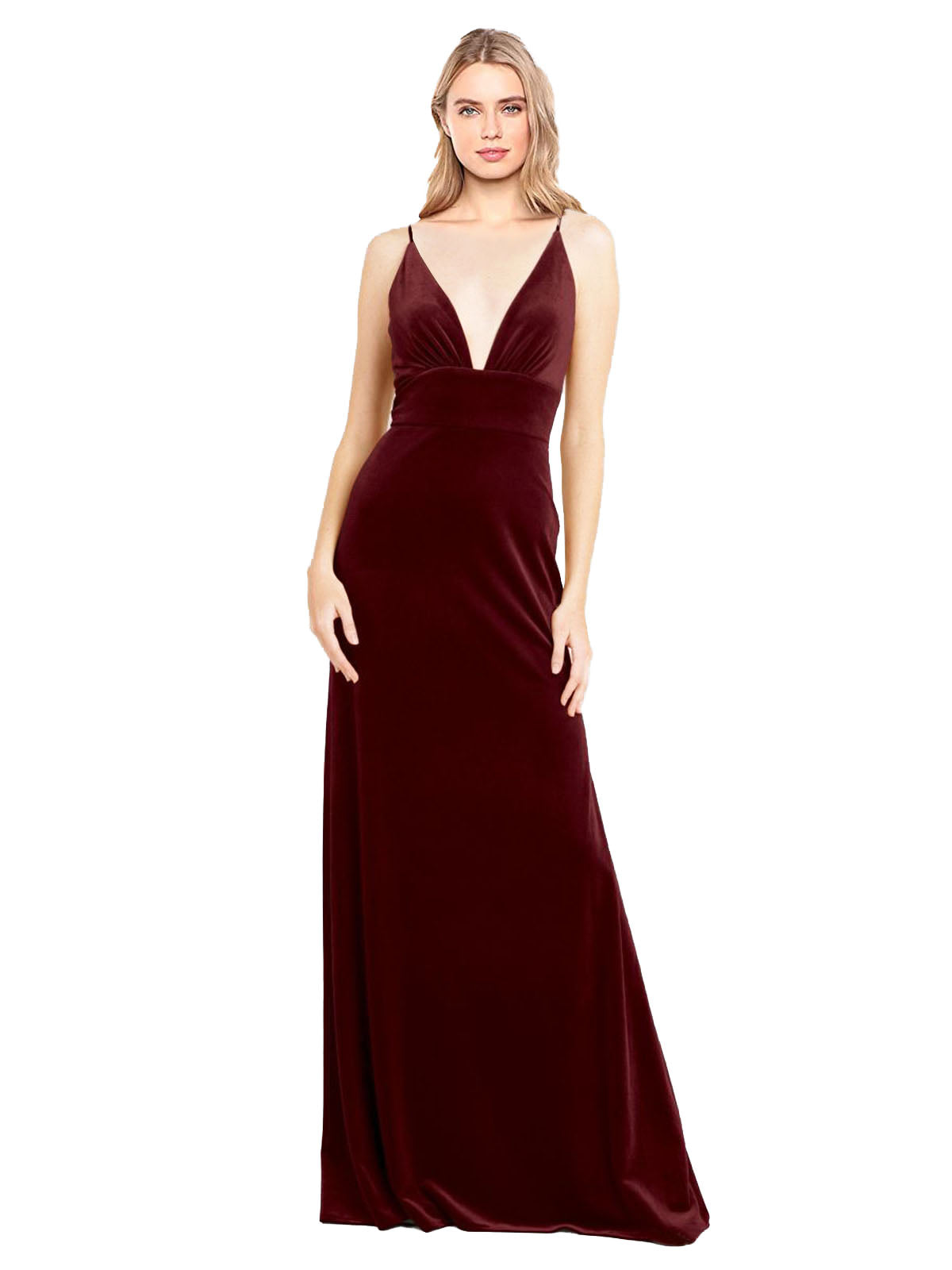 Burgundy A-Line V-Neck Long Sleeveless Stretch Velvet Bridesmaid Dress Sammi