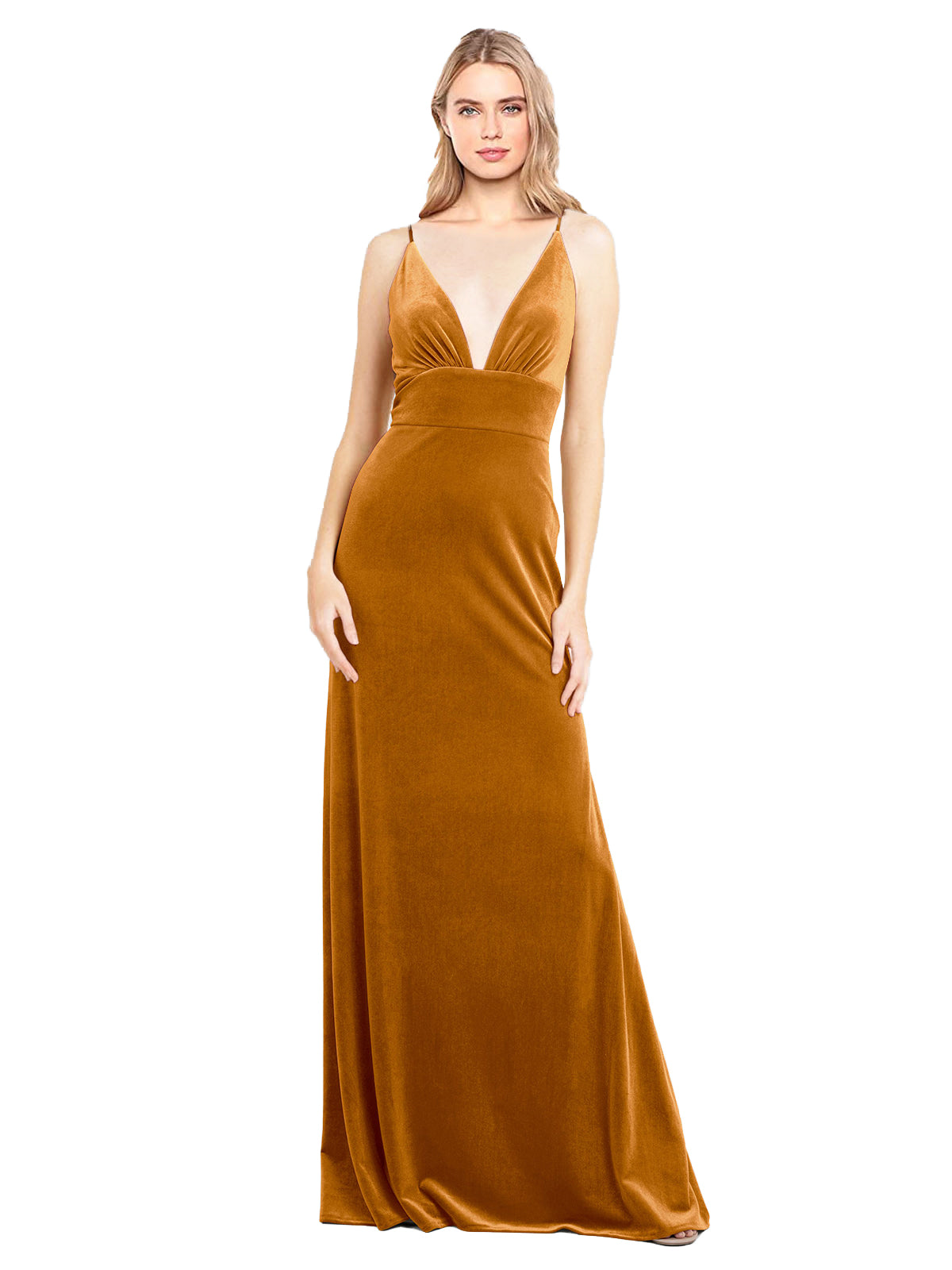 Gold A-Line V-Neck Long Sleeveless Stretch Velvet Bridesmaid Dress Sammi