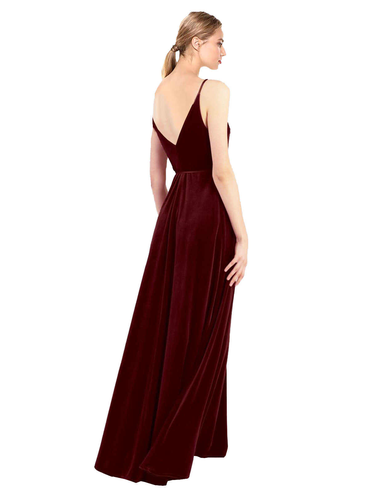 Burgundy A-Line V-Neck Long Sleeveless Stretch Velvet Bridesmaid Dress Macholl