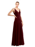 Burgundy A-Line V-Neck Long Sleeveless Stretch Velvet Bridesmaid Dress Macholl