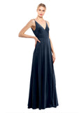 Dark Navy A-Line V-Neck Long Sleeveless Stretch Velvet Bridesmaid Dress Macholl