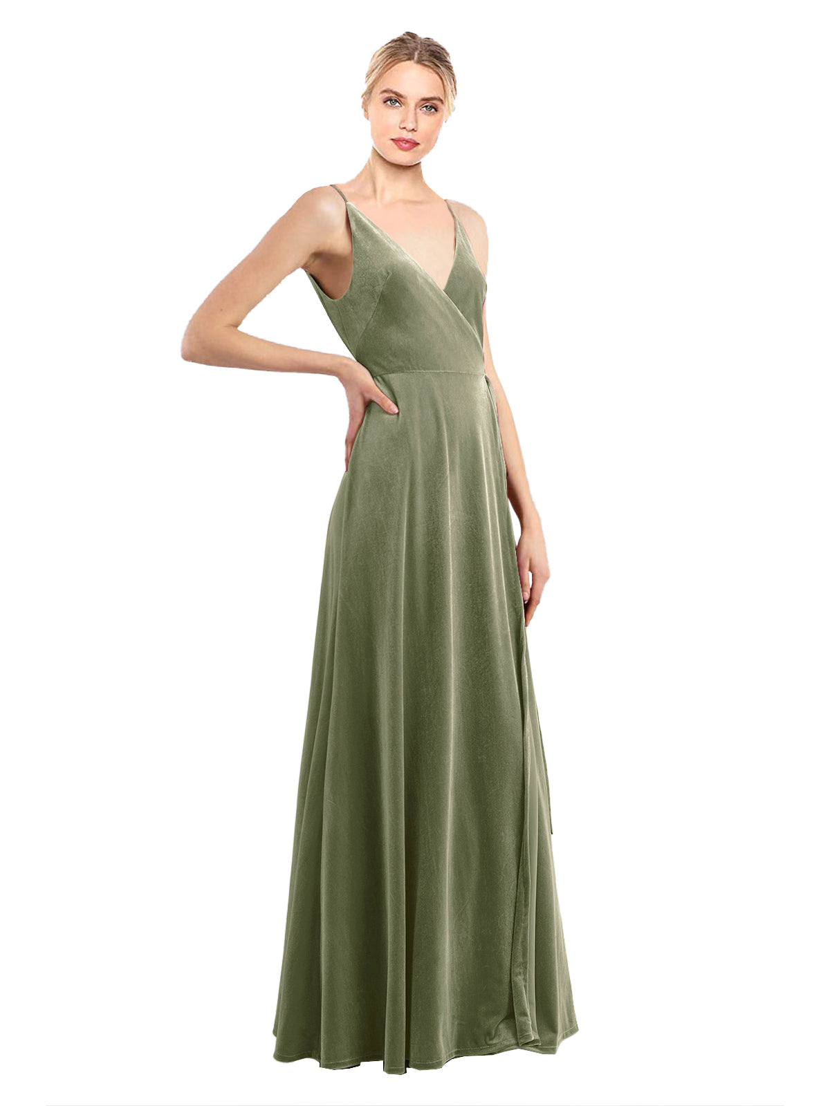 Dark Sage A-Line V-Neck Long Sleeveless Stretch Velvet Bridesmaid Dress Macholl