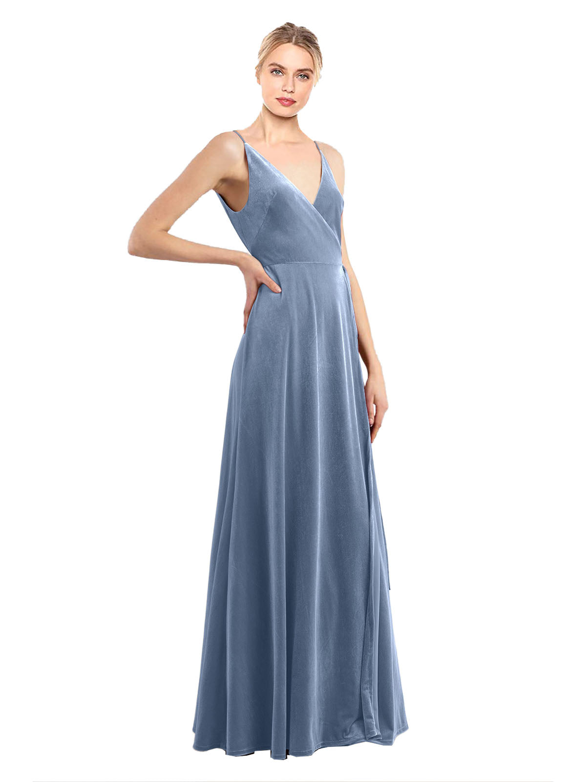 Dusty Blue A-Line V-Neck Long Sleeveless Stretch Velvet Bridesmaid Dress Macholl