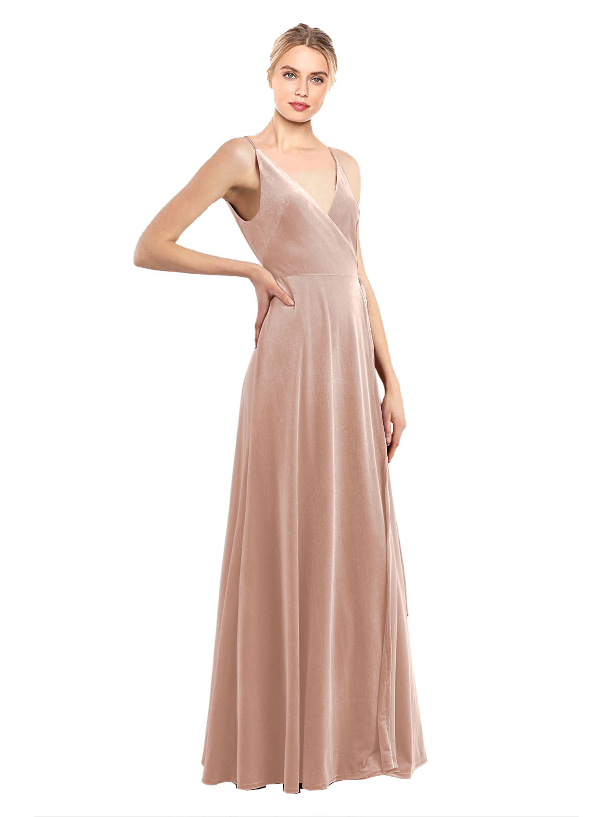 Pink A-Line V-Neck Long Sleeveless Stretch Velvet Bridesmaid Dress Macholl