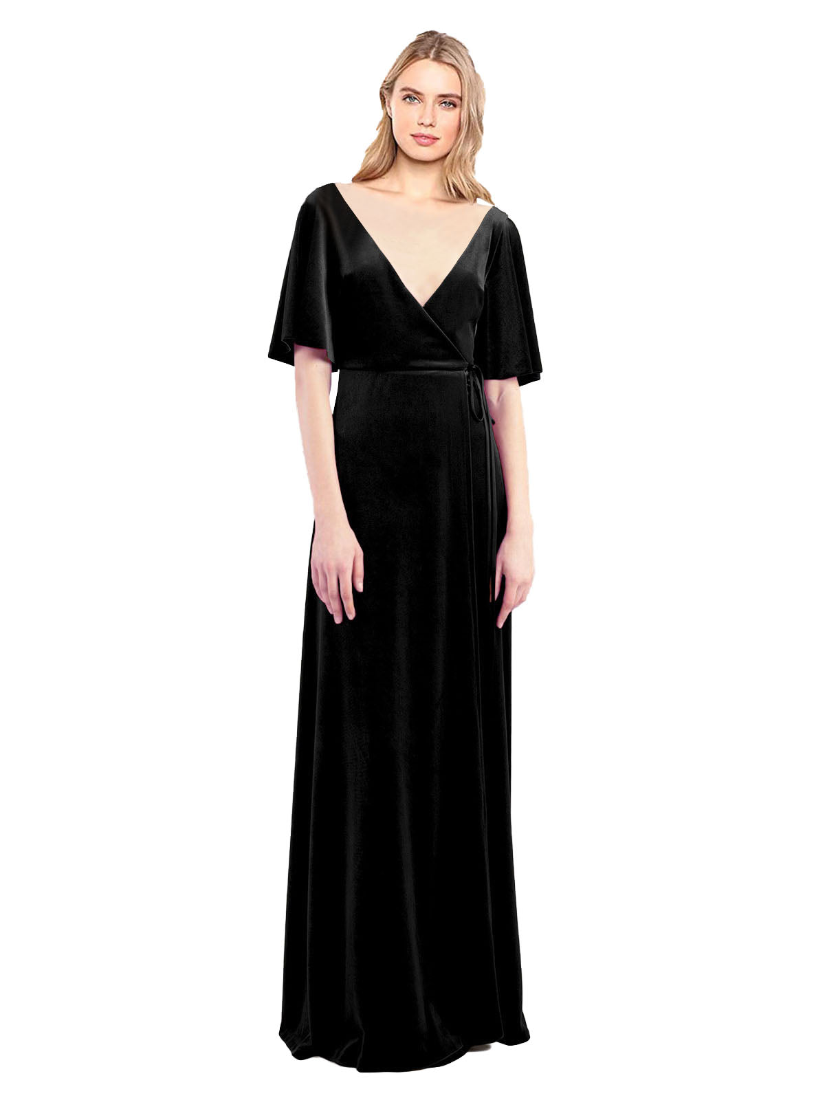 Black A-Line V-Neck Long Half Sleeves Stretch Velvet Bridesmaid Dress Dreher