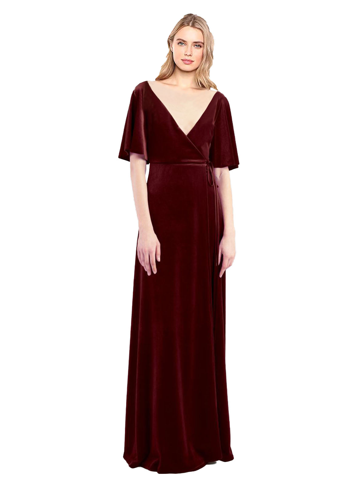 Burgundy A-Line V-Neck Long Half Sleeves Stretch Velvet Bridesmaid Dress Dreher