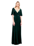 Dark Green A-Line V-Neck Long Half Sleeves Stretch Velvet Bridesmaid Dress Dreher