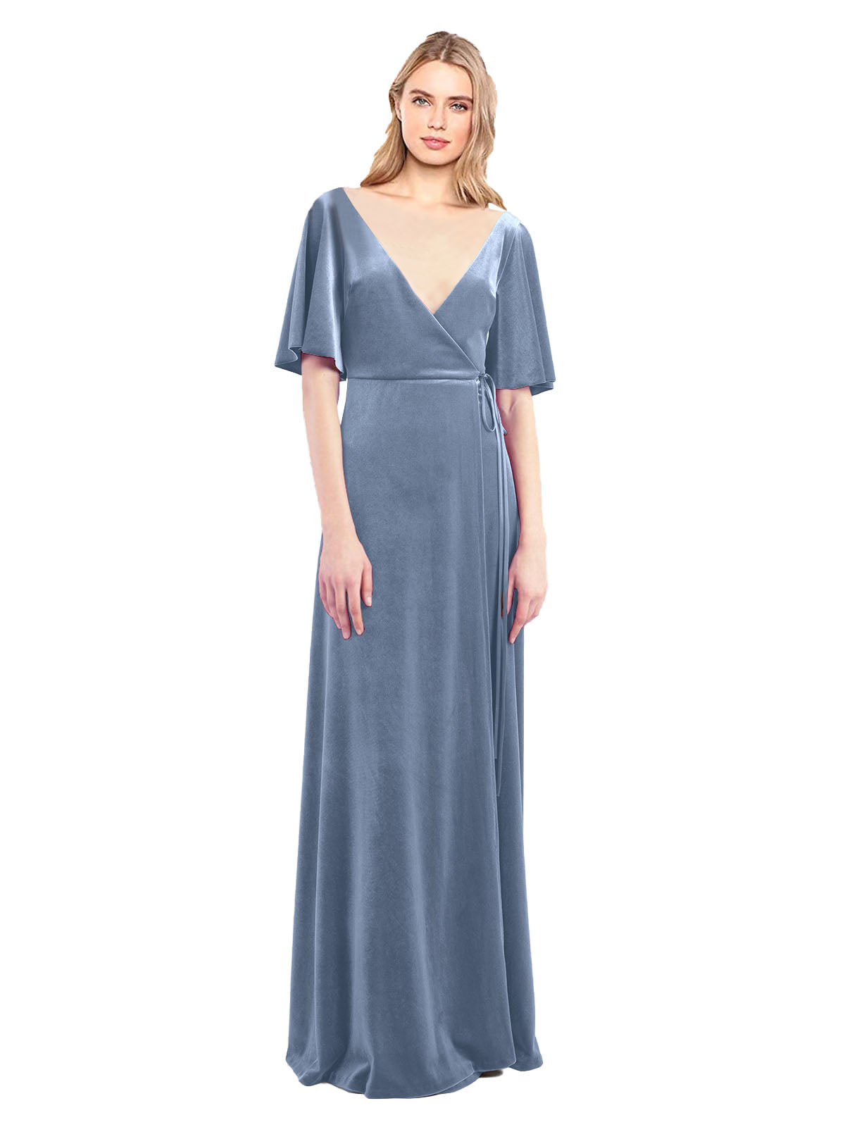 Dusty Blue A-Line V-Neck Long Half Sleeves Stretch Velvet Bridesmaid Dress Dreher