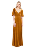 Gold A-Line V-Neck Long Half Sleeves Stretch Velvet Bridesmaid Dress Dreher