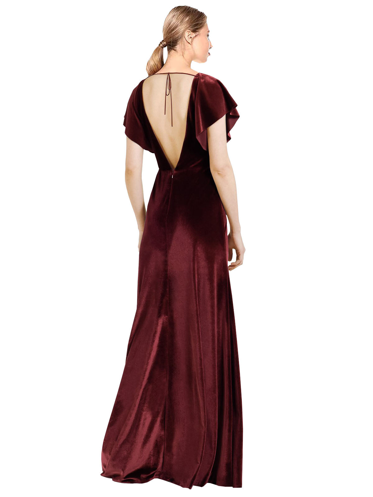 Burgundy A-Line V-Neck Long Sleeveless Stretch Velvet Bridesmaid Dress Pinto
