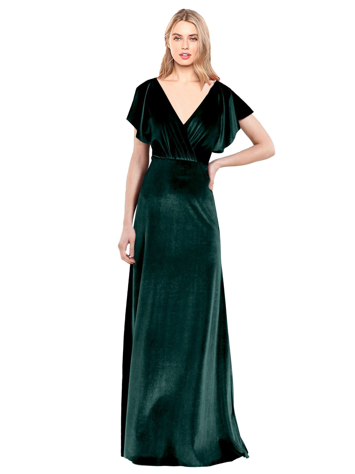 Dark Green A-Line V-Neck Long Sleeveless Stretch Velvet Bridesmaid Dress Pinto