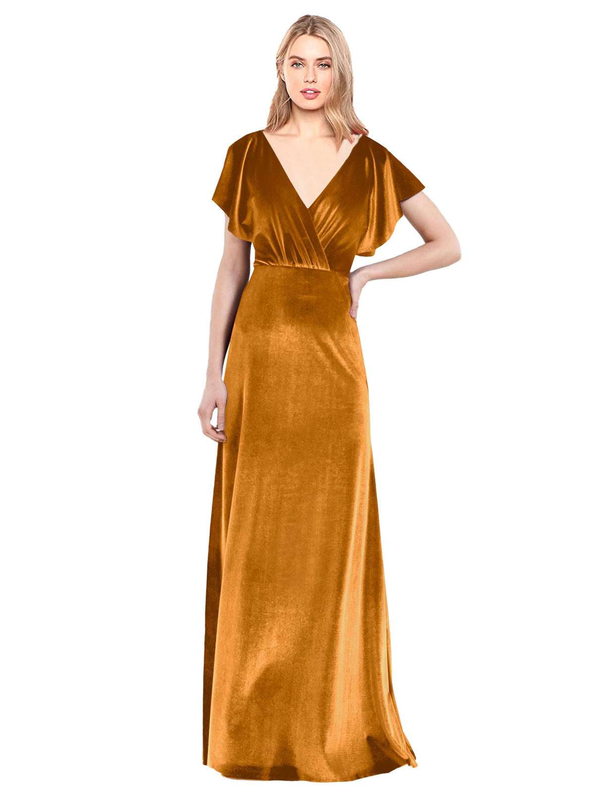 Gold A-Line V-Neck Long Sleeveless Stretch Velvet Bridesmaid Dress Pinto