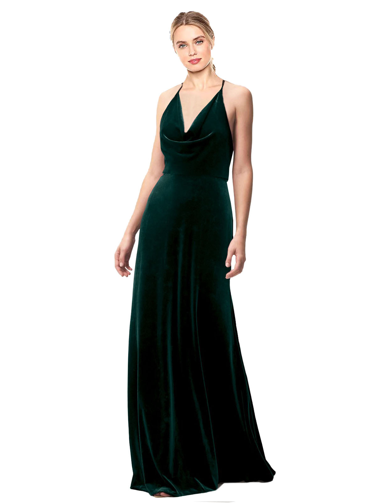 Dark Green A-Line Halter Cowl Spaghetti Straps Long Sleeveless Stretch Velvet Bridesmaid Dress Kwete