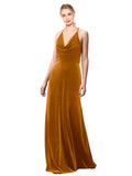 Gold A-Line Halter Cowl Spaghetti Straps Long Sleeveless Stretch Velvet Bridesmaid Dress Kwete
