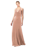 Pink A-Line Halter Cowl Spaghetti Straps Long Sleeveless Stretch Velvet Bridesmaid Dress Kwete