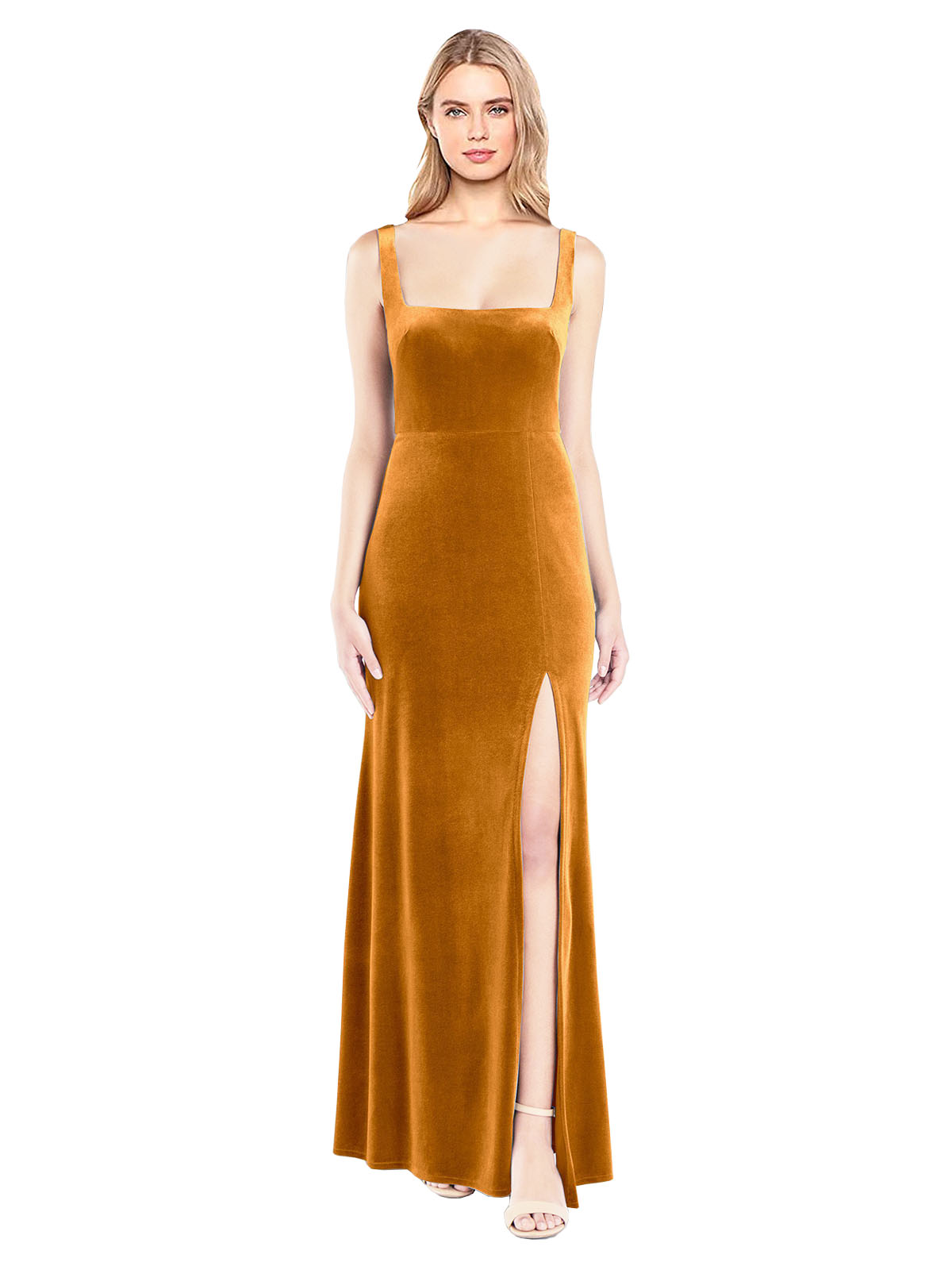 Gold A-Line Square Long Sleeveless Stretch Velvet Bridesmaid Dress Violla