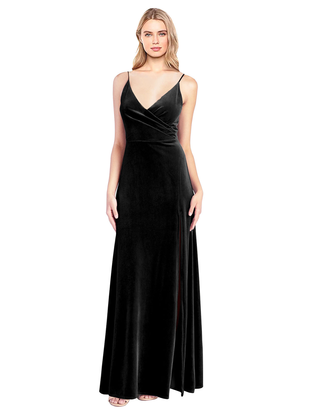 Black A-Line V-Neck Long Sleeveless Stretch Velvet Bridesmaid Dress Jeffery