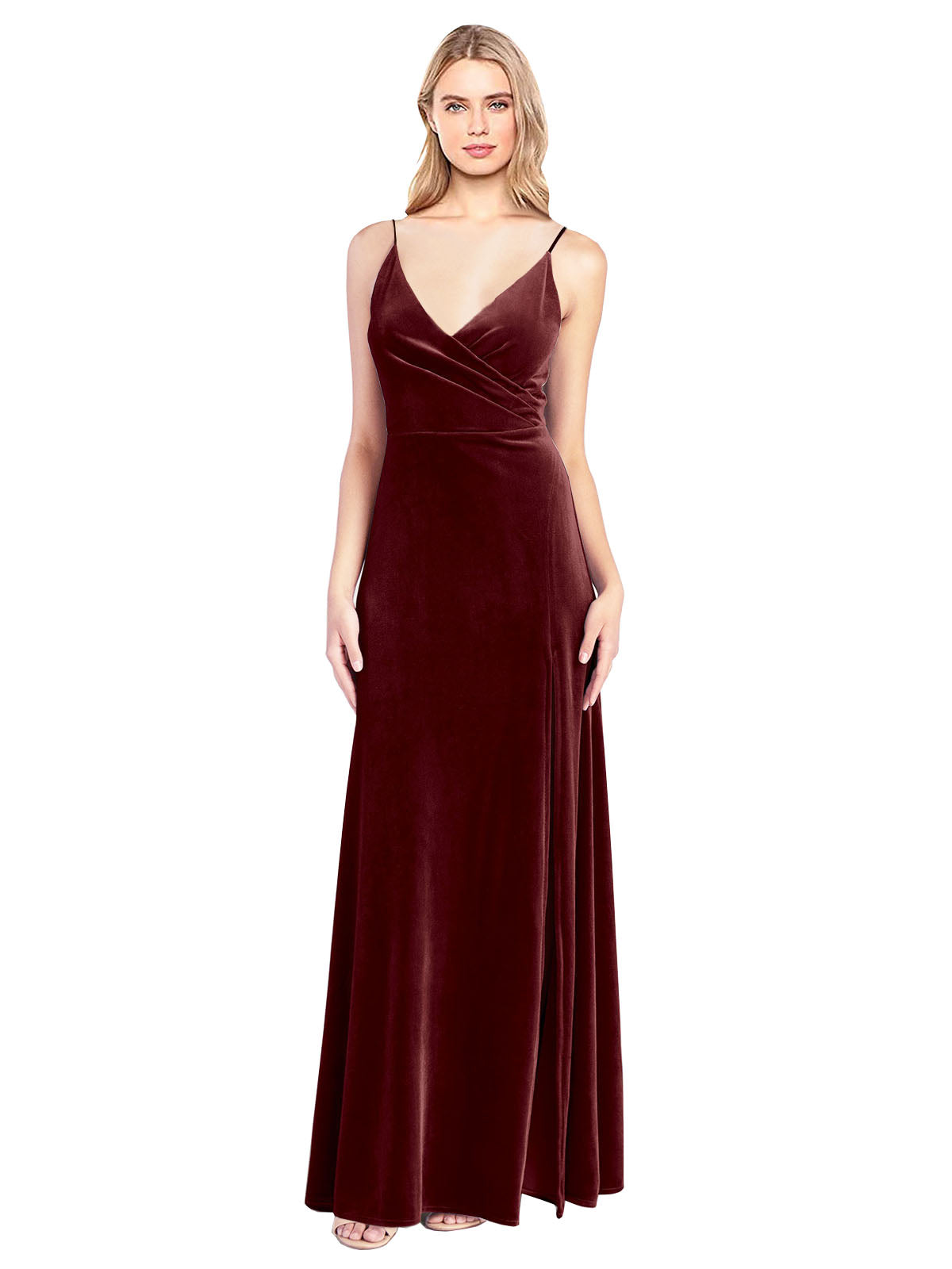 Burgundy A-Line V-Neck Long Sleeveless Stretch Velvet Bridesmaid Dress Jeffery