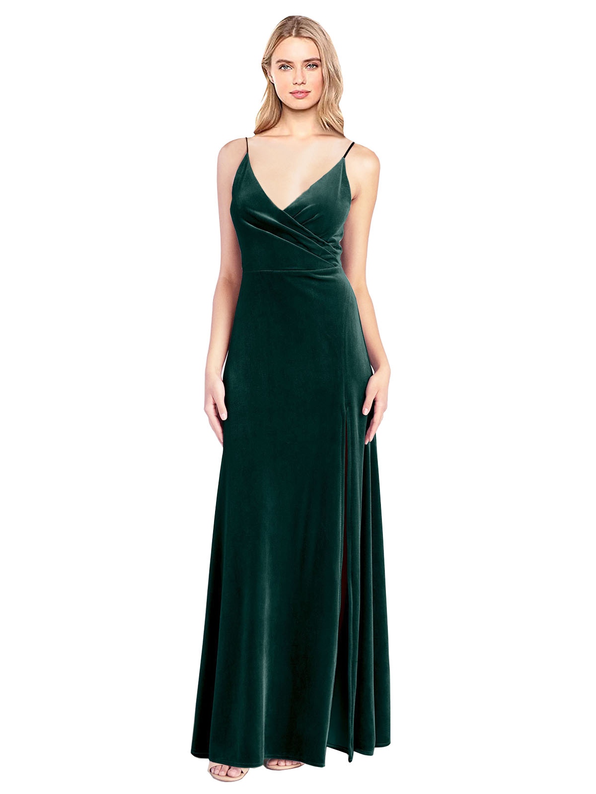 Dark Green A-Line V-Neck Long Sleeveless Stretch Velvet Bridesmaid Dress Jeffery