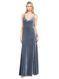 Dusty Blue A-Line V-Neck Long Sleeveless Stretch Velvet Bridesmaid Dress Jeffery