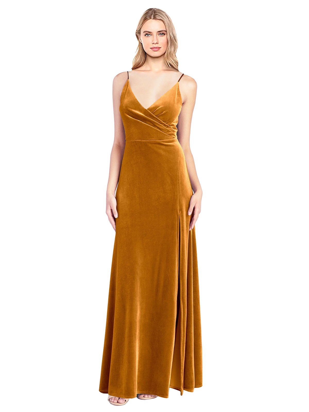 Gold A-Line V-Neck Long Sleeveless Stretch Velvet Bridesmaid Dress Jeffery