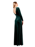 Dark Green A-Line V-Neck Long Long Sleeve Stretch Velvet Bridesmaid Dress Calle