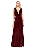 Burgundy A-Line V-Neck Long Sleeveless Stretch Velvet Bridesmaid Dress Albert